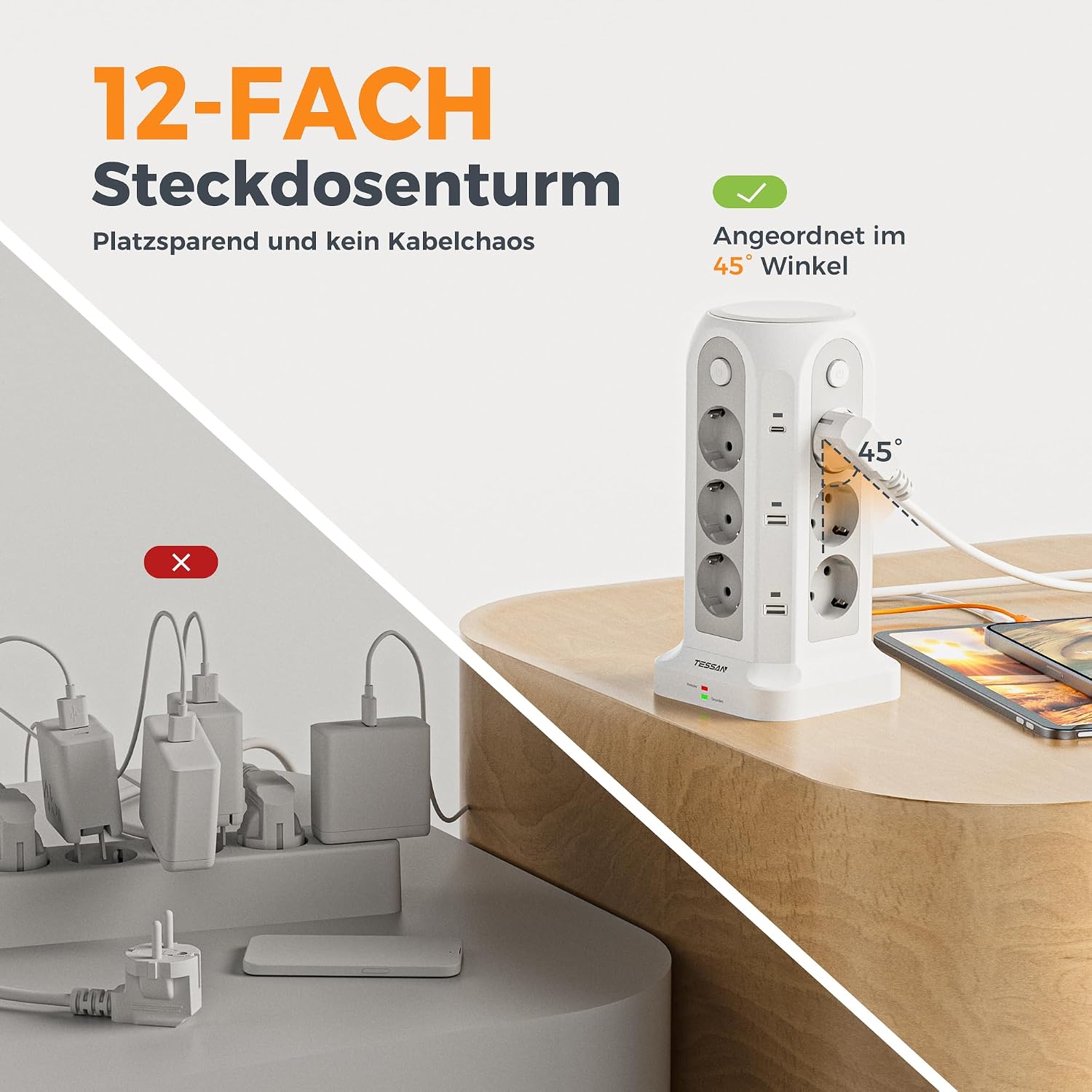 Detalle 2 de TESSAN 12-fach Mehrfachsteckdose mit USB-C 2M Verlängerung