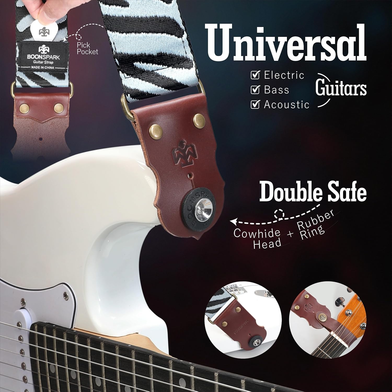 Thumbnail 6 de BOONSPARK Guitar Strap-BS001 Zebra Guitar Strap, 2-Inch Cotton Jacquard