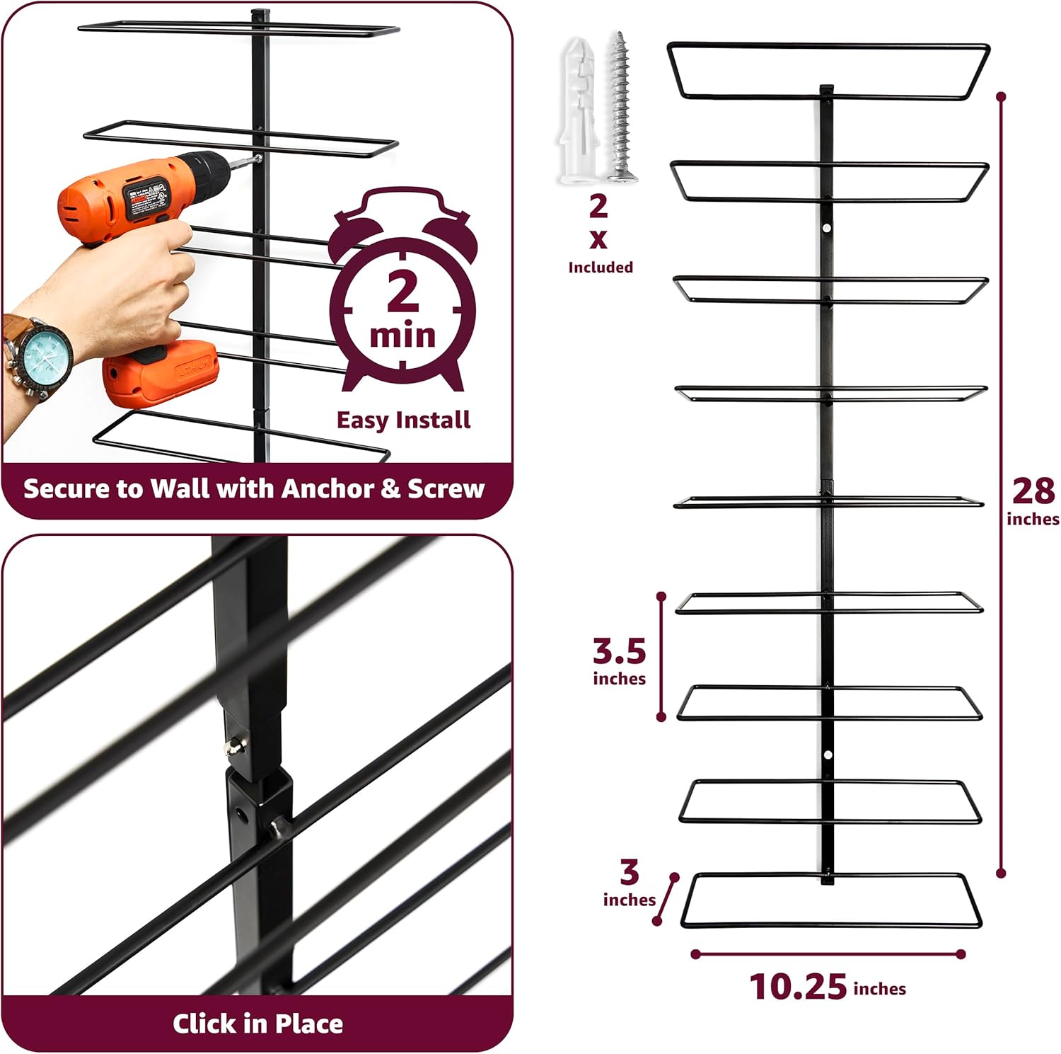 Detalle de Sorbus Wall Mount Wine Rack – Holds 9 Bottles (Black Metal)