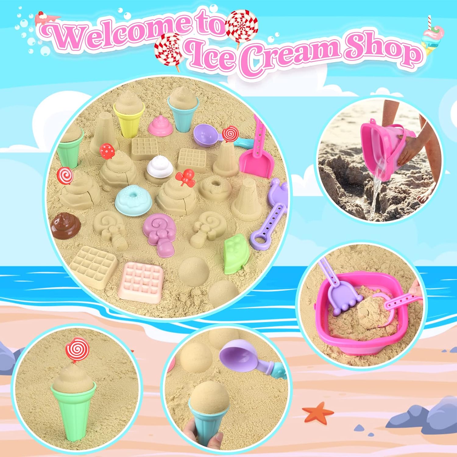 Thumbnail 3 de Collapsible Beach Toys Set: 19-Piece Ice Cream Sand Playset for Kids (3–10) with Mesh Bag