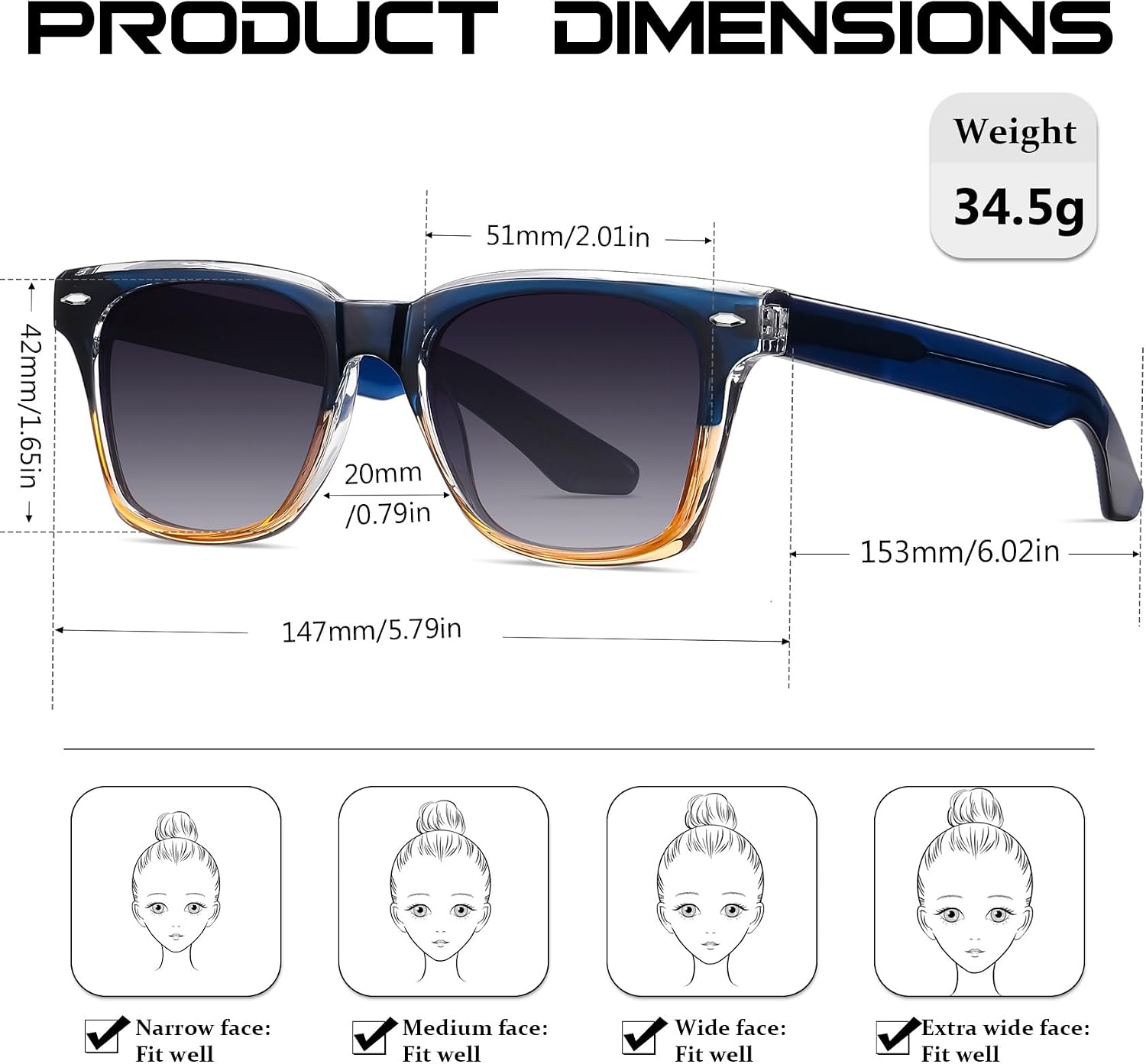 Detalle de KANASTAL Lunettes de soleil unisexes carrées polarisées UV400 monture TR90 et branches acétate