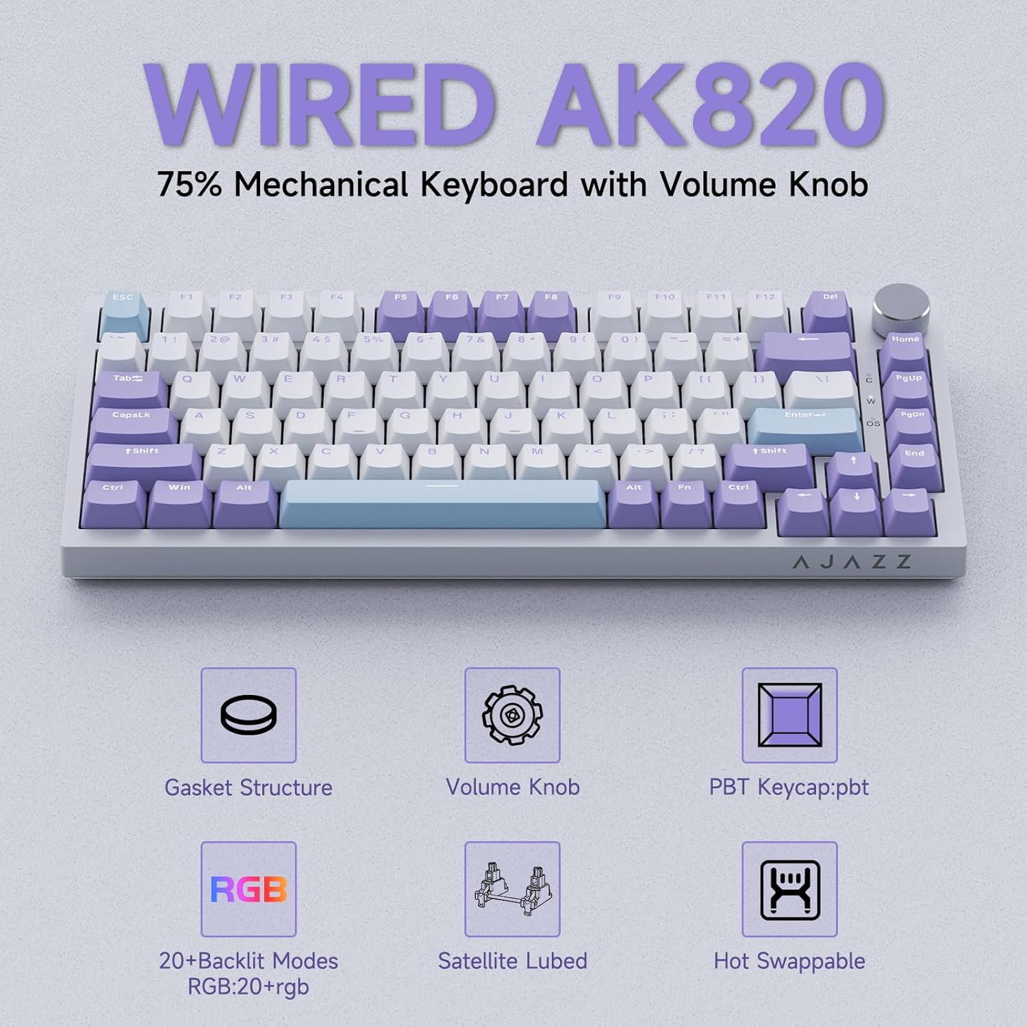 Thumbnail 1 de Ajazz AK820 75% Hot Swappable Mechanical Keyboard with Volume Knob