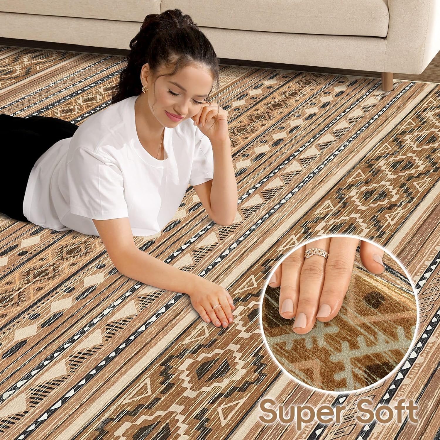 Detalle de cotiled 8x10 Washable Boho Area Rug with Non Slip Backing (Brown/Beige)