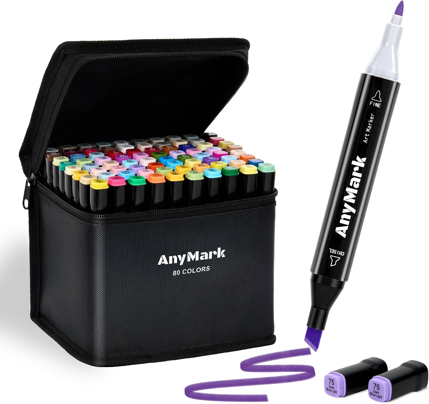 Detalle de AnyMark Feutres à Alcool Professionnels – 80 couleurs, double pointe pour dessin et coloriage