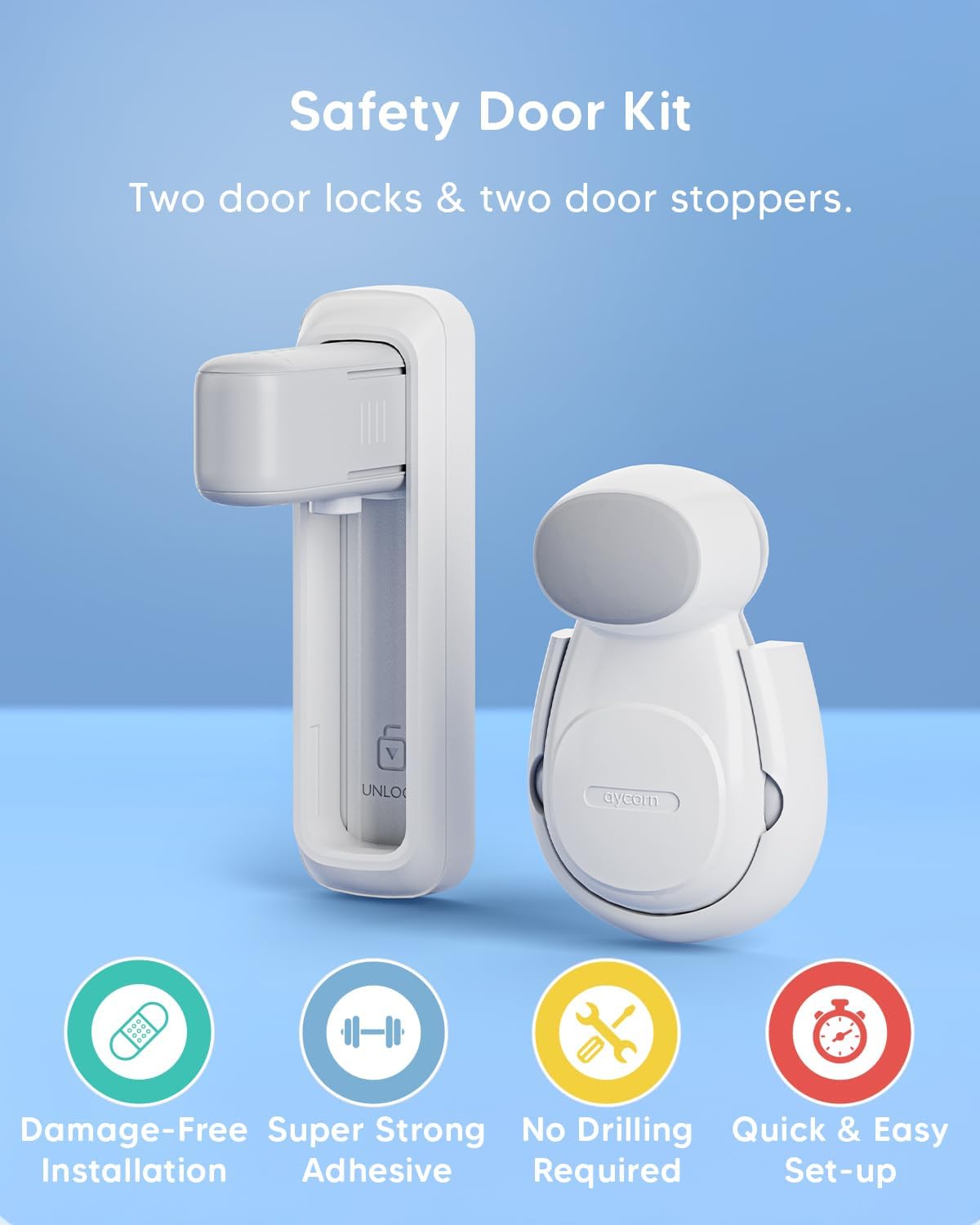 Detalle de AYCORN Door Lock Without Drilling Set – 2x Door Lever Locks & 2x Door Stoppers