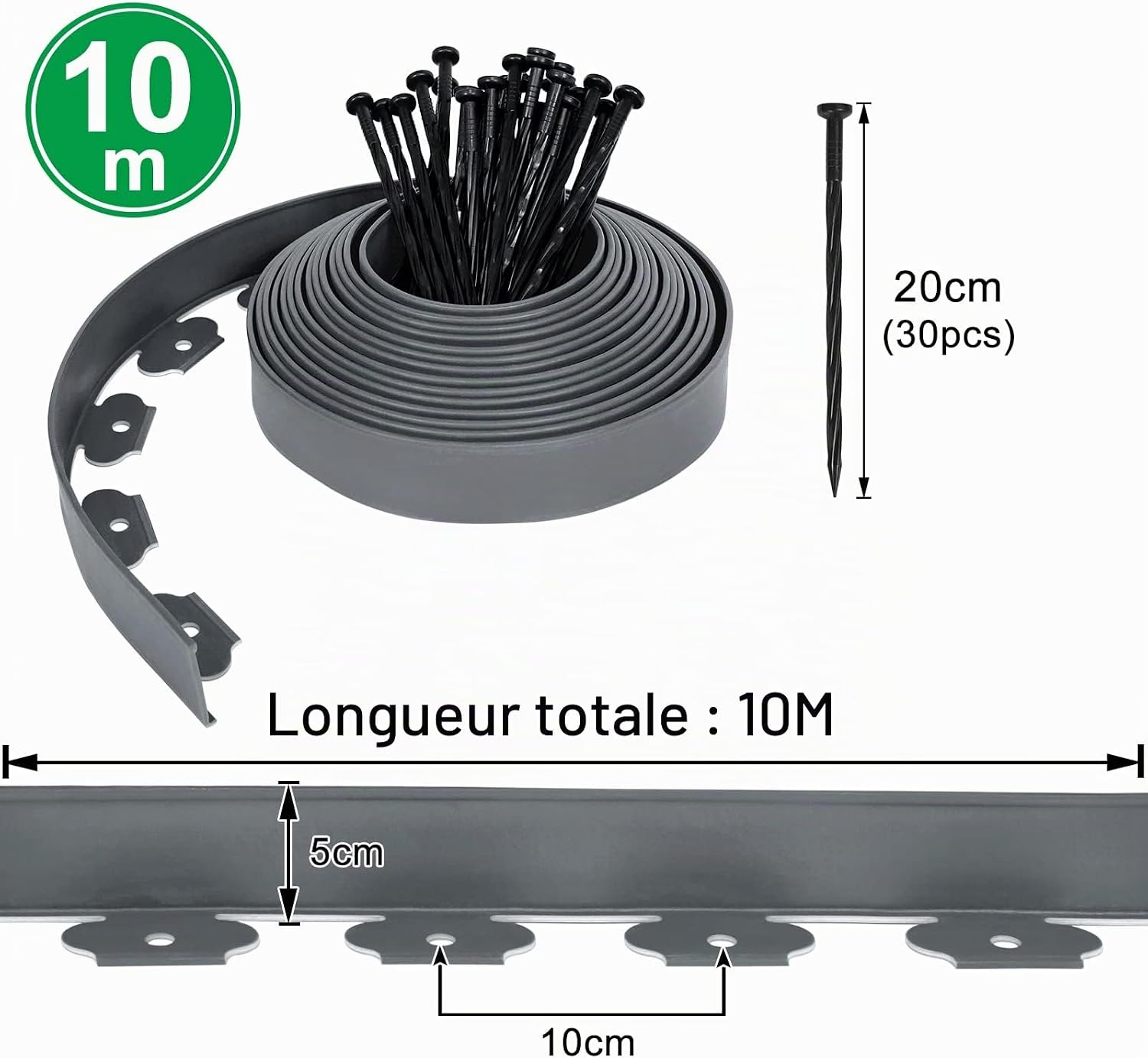 Detalle 2 de UISEBRT Bordure de pelouse synthétique grise – flexibele gazonrand van kunststof, 10 m