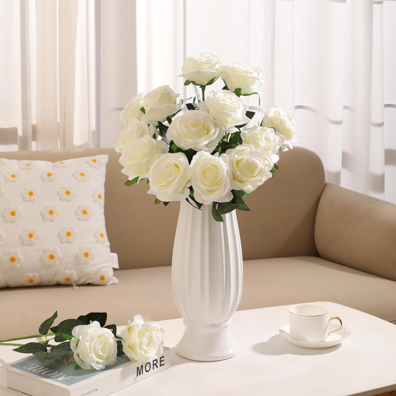 Thumbnail 2 de JUSTOYOU 30PCS White Silk Artificial Roses Bulk – Realistic 20-inch Silk Roses for Wedding, Home Decor, and Centerpieces