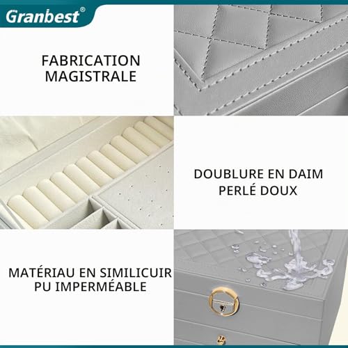 Detalle de Granbest Boîte à bijoux à 3 niveaux avec 2 tiroirs – Coffret cuir Gris