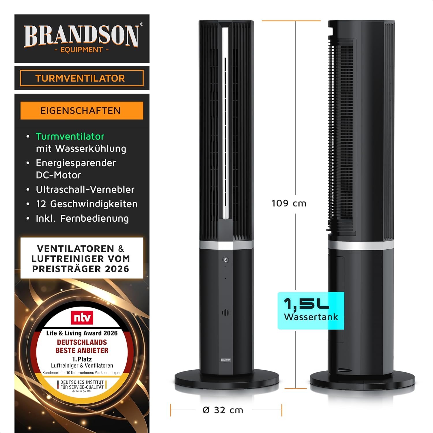 Detalle de Brandson 3-in-1 Klimagerät inkl. Luftbefeuchter – Turmventilator mit Wasserkühlung, 12 Stufen, DC-Motor, Fernbedienung
