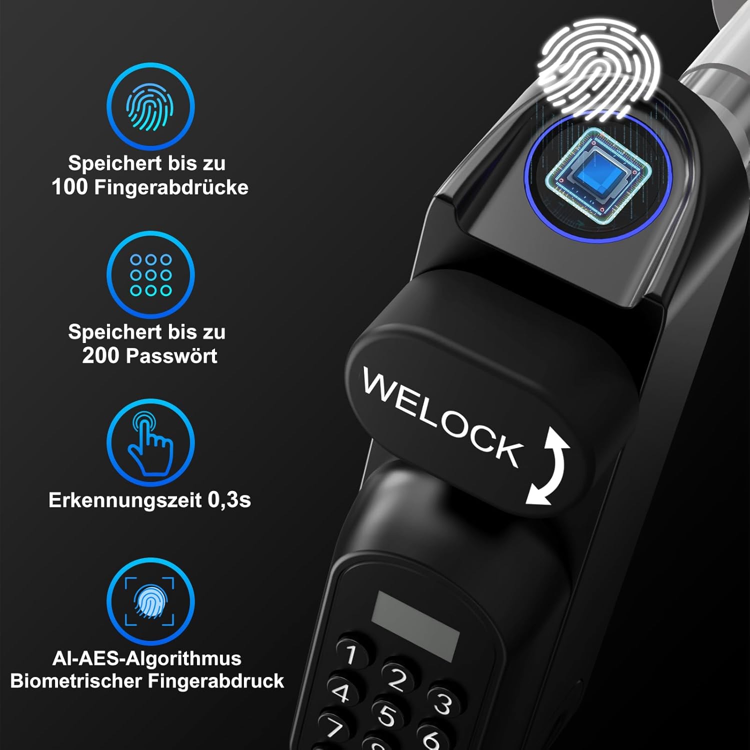 Detalle 2 de WELOCK U81 – Smartes Türschloss Ultra mit Fingerabdruck, Passwort, RFID, App-Steuerung und optionaler WiFi-Anbindung