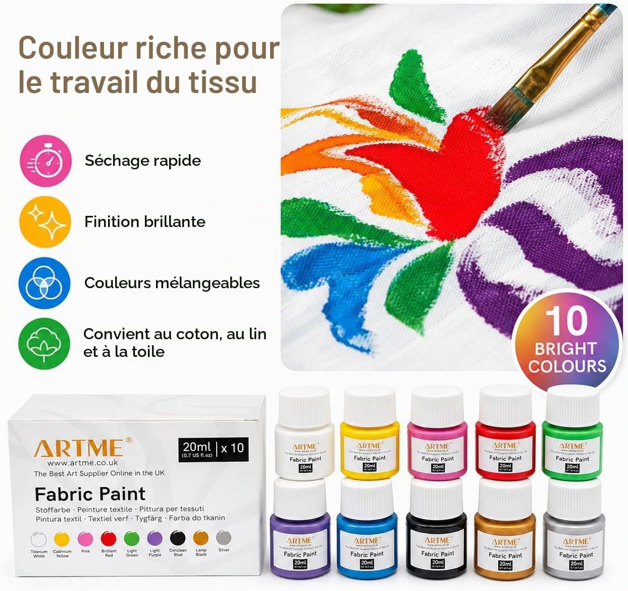 Detalle de ARTME textielverfset, 10 kleuren van 20 ml voor katoen en linnen