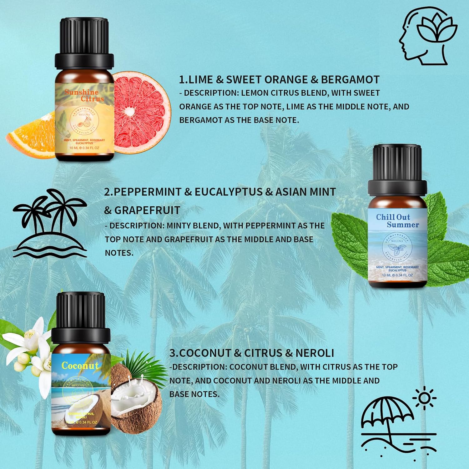 Detalle 2 de Wecona Summer Essential Oils Set (6x10ml) with Bottle Opener – Pure Plant Extract Blends