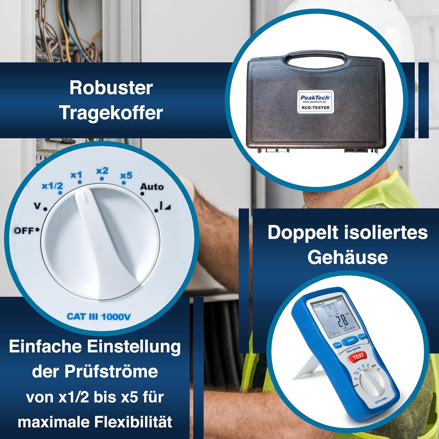 Detalle de PeakTech P 2710 – Digitaler FI Tester für Auslösecharakteristik 230V/50Hz mit LCD-Display, CAT III 600V
