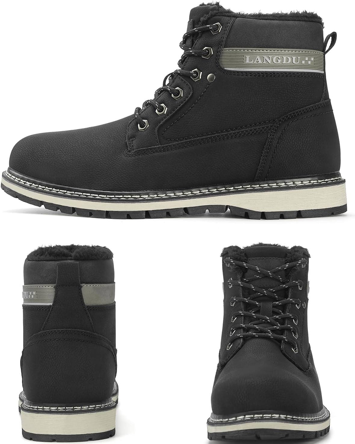 Detalle de LANGDU bottes homme d’hiver en cuir synthétique fourrées (41 à 46) : chaudes et antidérapantes