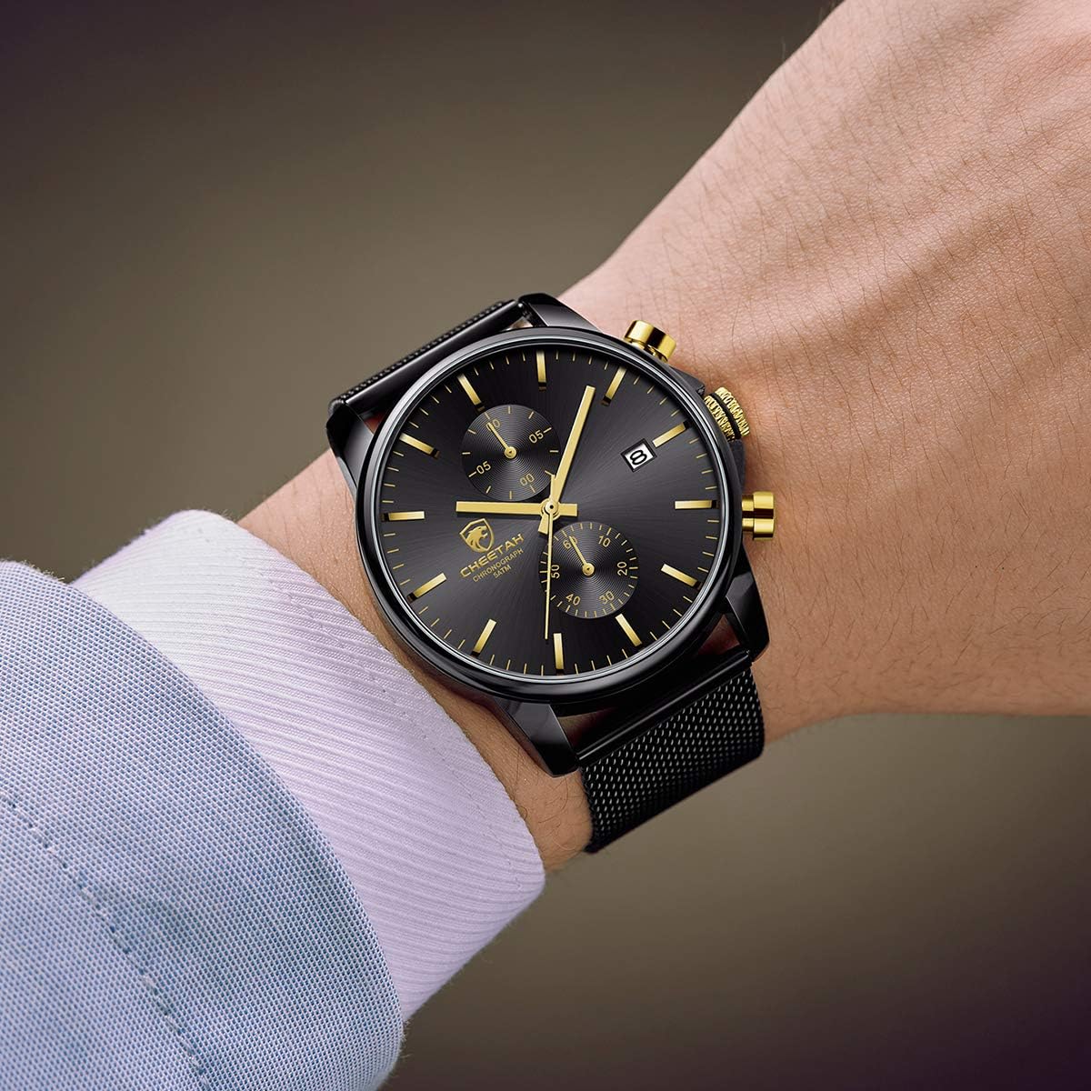 Detalle de Herren-Armbanduhr modisch-sportlich mit Quarz, Chronograph und schwarzem Edelstahl-Mesh