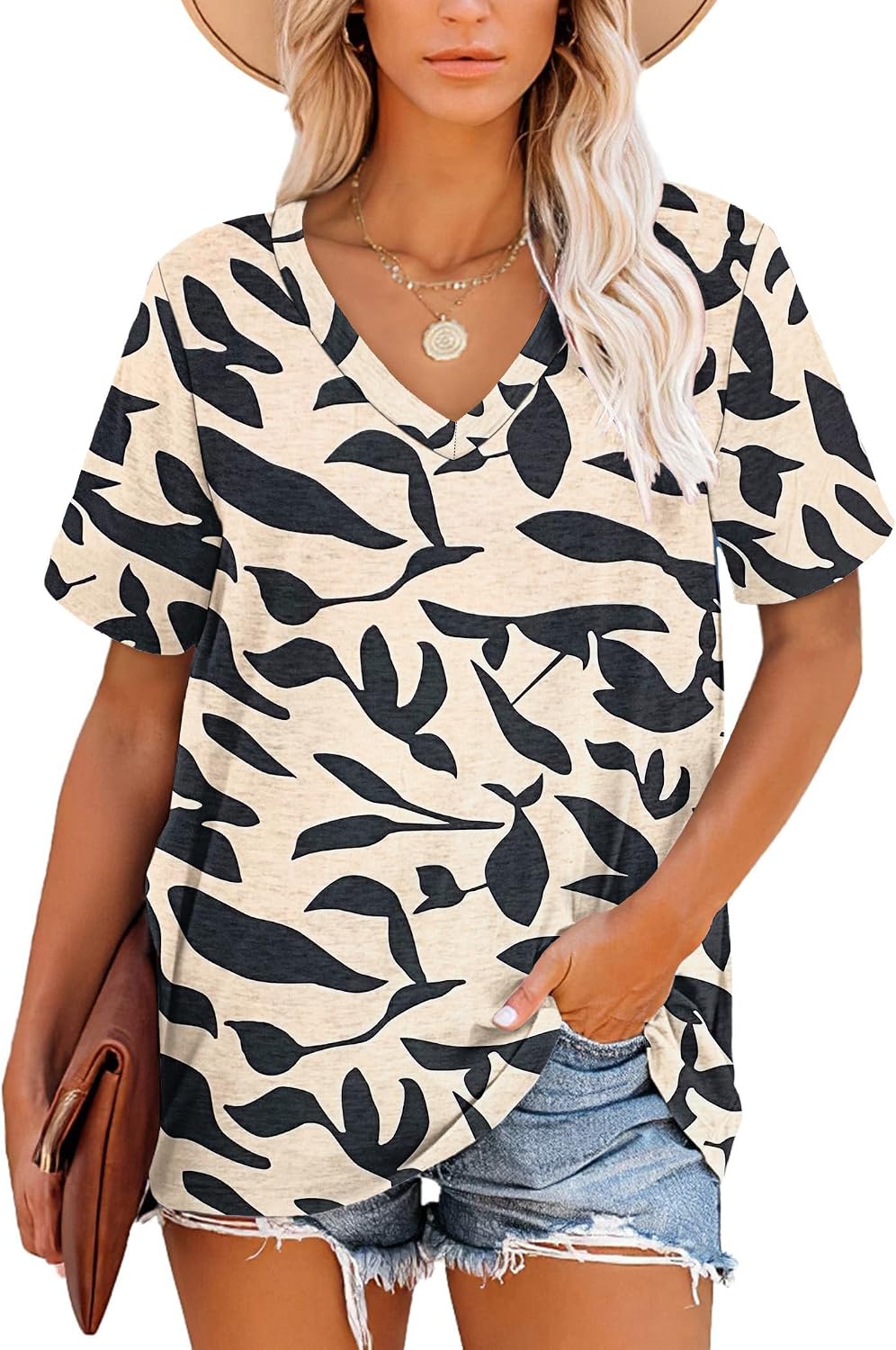 Detalle de MOLERANI Damen-T-Shirt Kurzarm V-Ausschnitt gestreift – Sommer-Top, Größe S–2XL