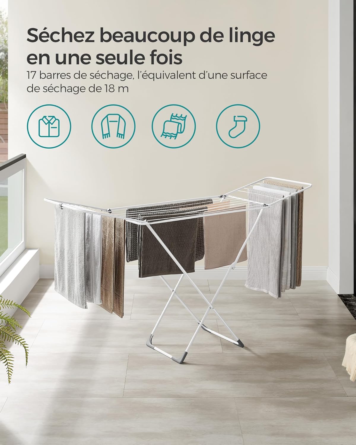 Thumbnail 2 de SONGMICS LLR540W01 : étendoir à linge pliable sur pieds avec 17 barres