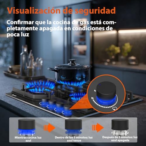 Thumbnail 3 de Topwish Placa de gas butano 4 fuegos con mandos iluminados en azul y 8000 W