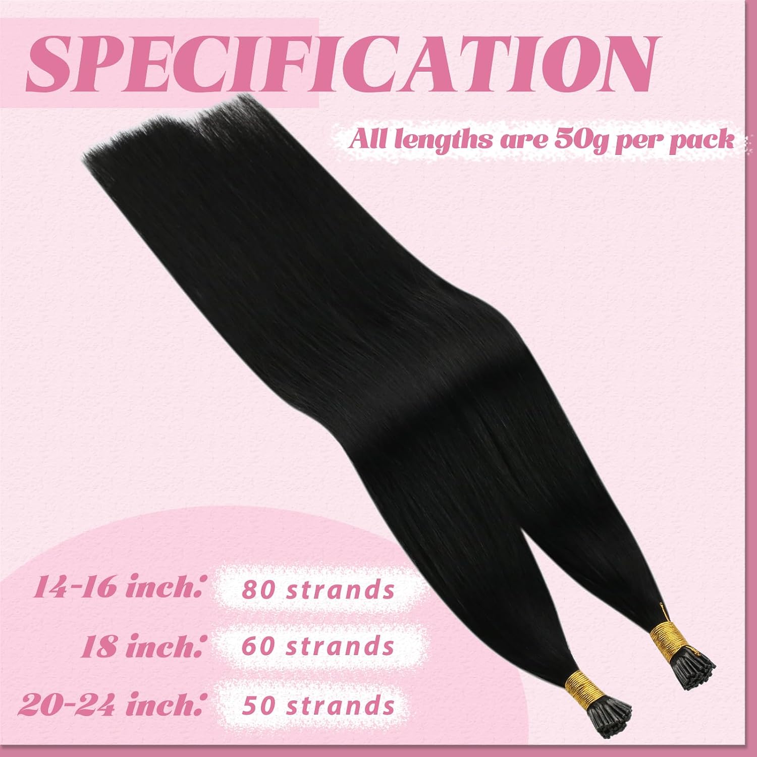 Detalle de YoungSee PR-COM-RT-X839562 I-Tip Human Hair Extensions, 20-Inch Jet Black