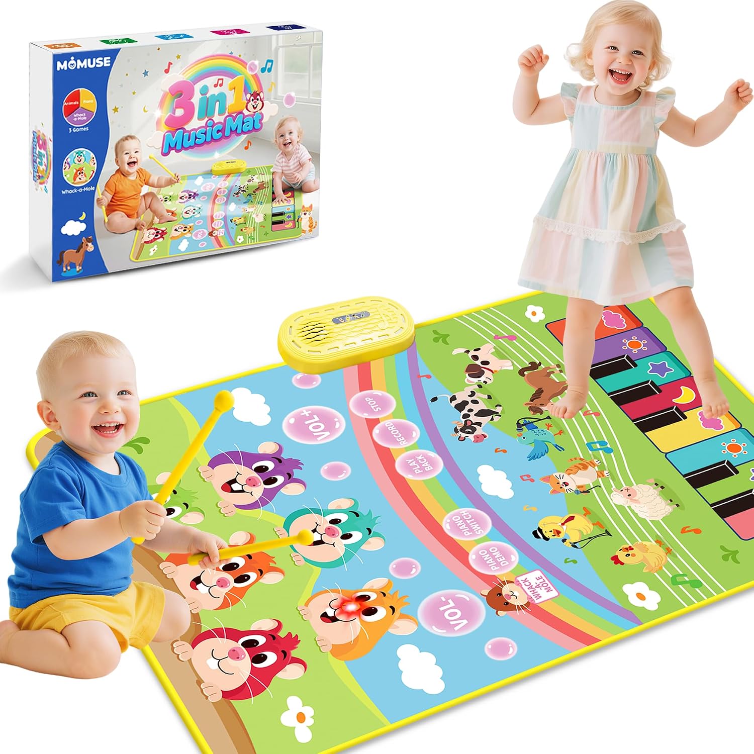 Detalle de MOMUSE Tappeto Musicale con Gioco Colpisci la Talpa 3 in 1 – Tappeto Pianoforte per Bambini 1–5 anni