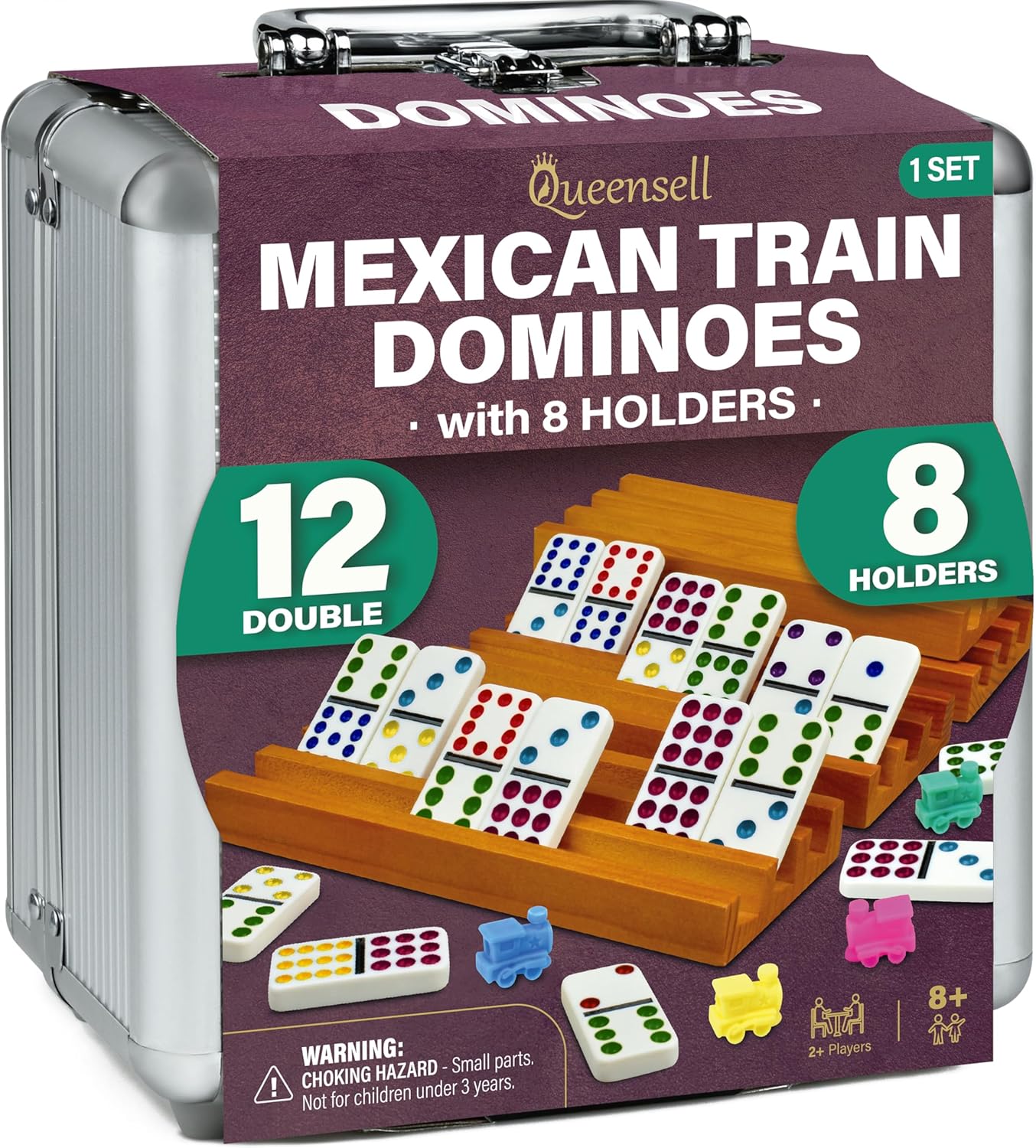 Detalle de Queensell Mexican Train Domino-Set mit 8 Haltern – Doppel-12-Steine aus Holz, inkl. Nabe, Halter und Aluminiumschale