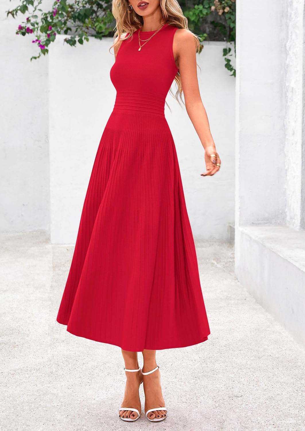 Detalle 2 de PRETTYGARDEN PR930 Women's Pleated Knit Midi Dress, Sleeveless A-Line