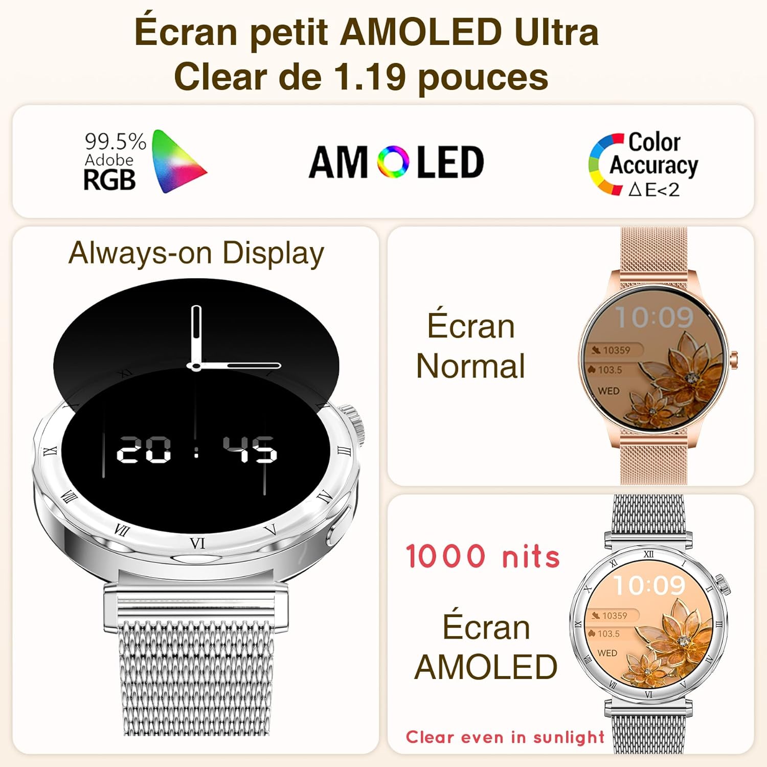 Detalle de Montre connectée Femme (3 Bracelets) - Écran AMOLED 1,19'', IP68, 120+ modes sportifs