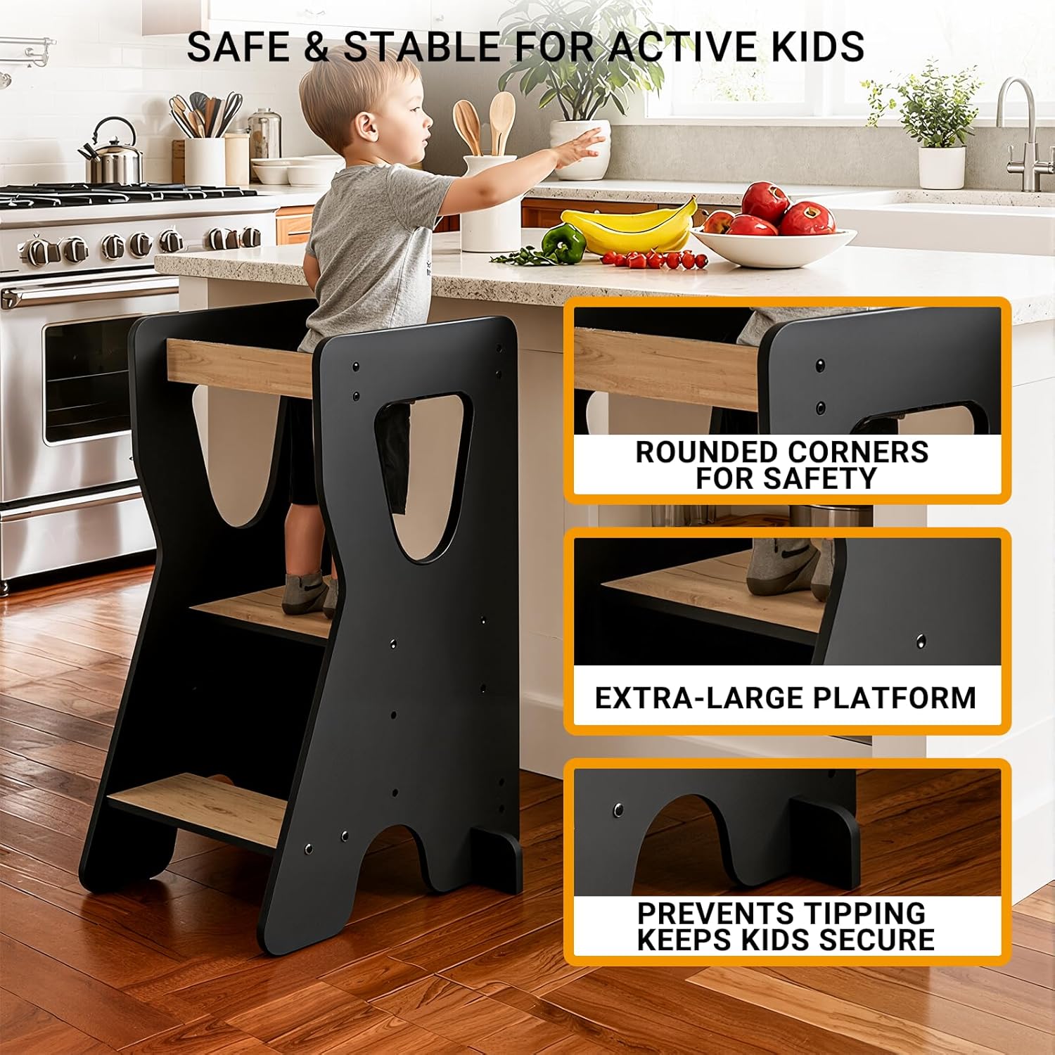 Thumbnail 1 de COSYLAND Toddler Standing Tower for Kitchen Counter – Adjustable, Stable Baby Counter Stool (Black & Natural)