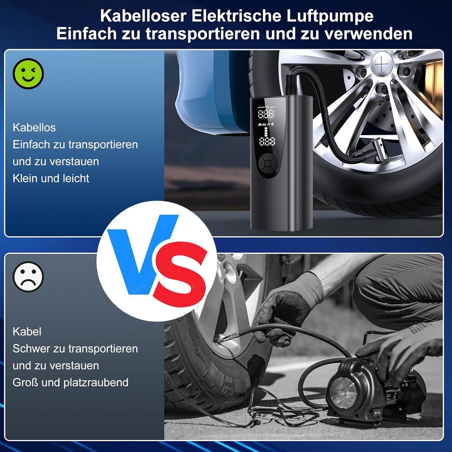Detalle de Tragbare elektrische Fahrradpumpe mit Akku 6000 mAh – 150 PSI, kabellos, LCD-Druckanzeige, LED-Beleuchtung und Mehrfach-Adaptern