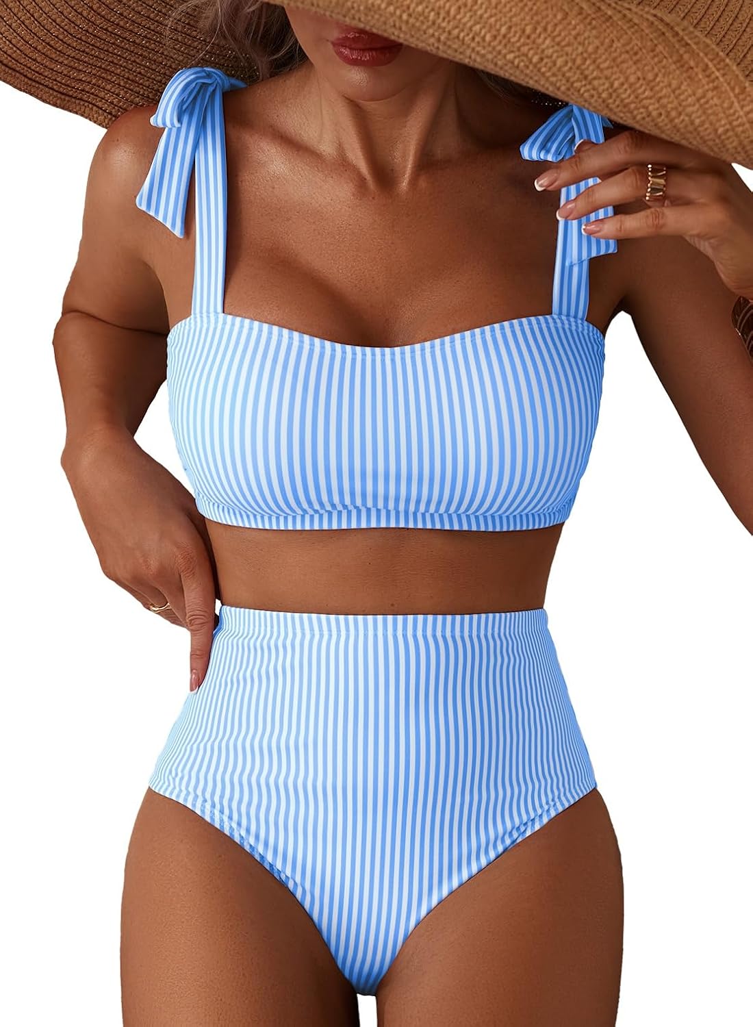 Detalle de Herseas Women’s Tie-Shoulder Bikini Set (2-Piece, Striped) with High-Waisted Bottom