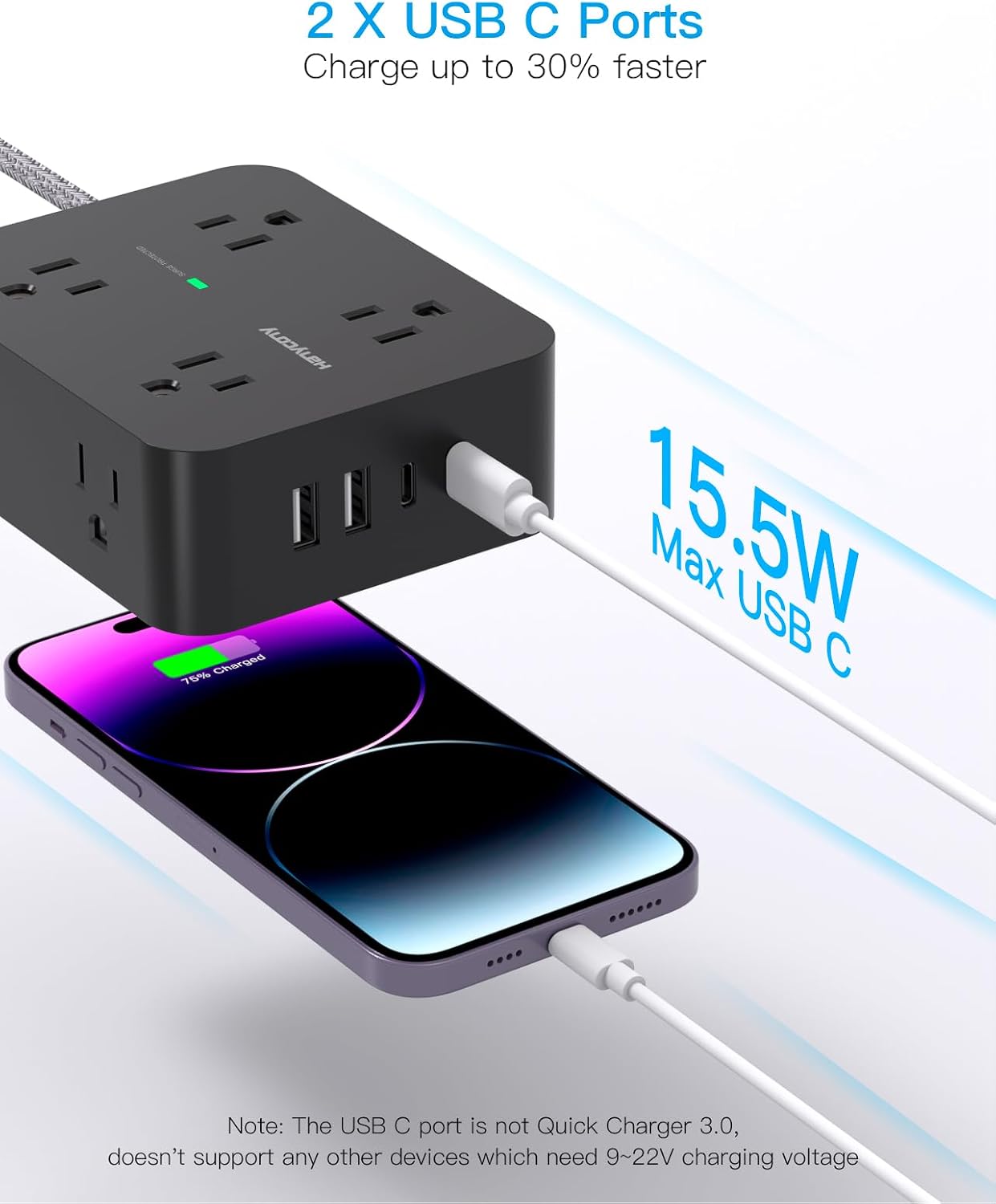 Detalle 1 de HANYCONY HN8U5WC2 Surge Protector Power Strip, 8 Outlets, 4 USB Ports
