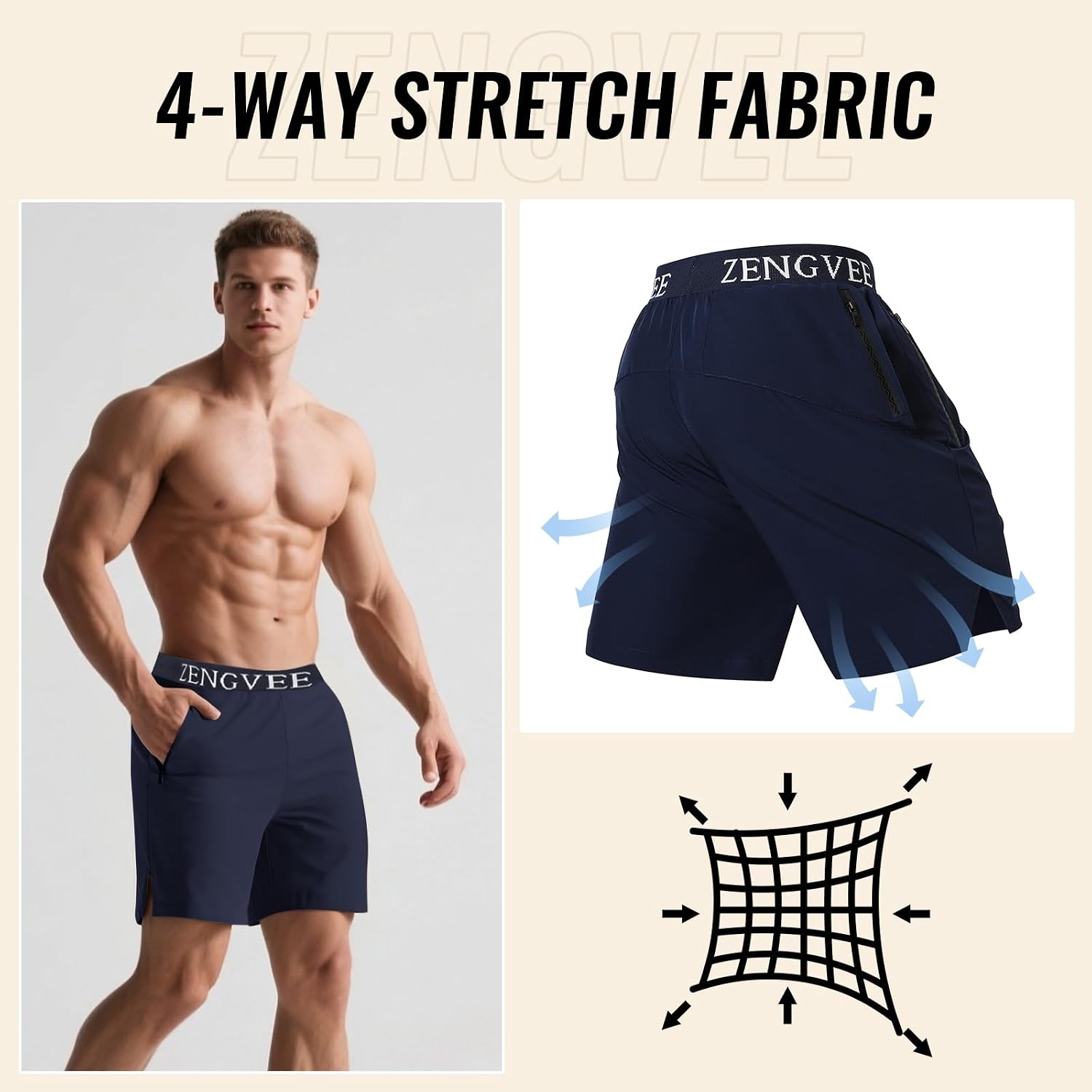 Detalle de Men’s Gym Running Shorts Athletic 1/3 Pack with Zip Pockets & Quick-Dry Fabric