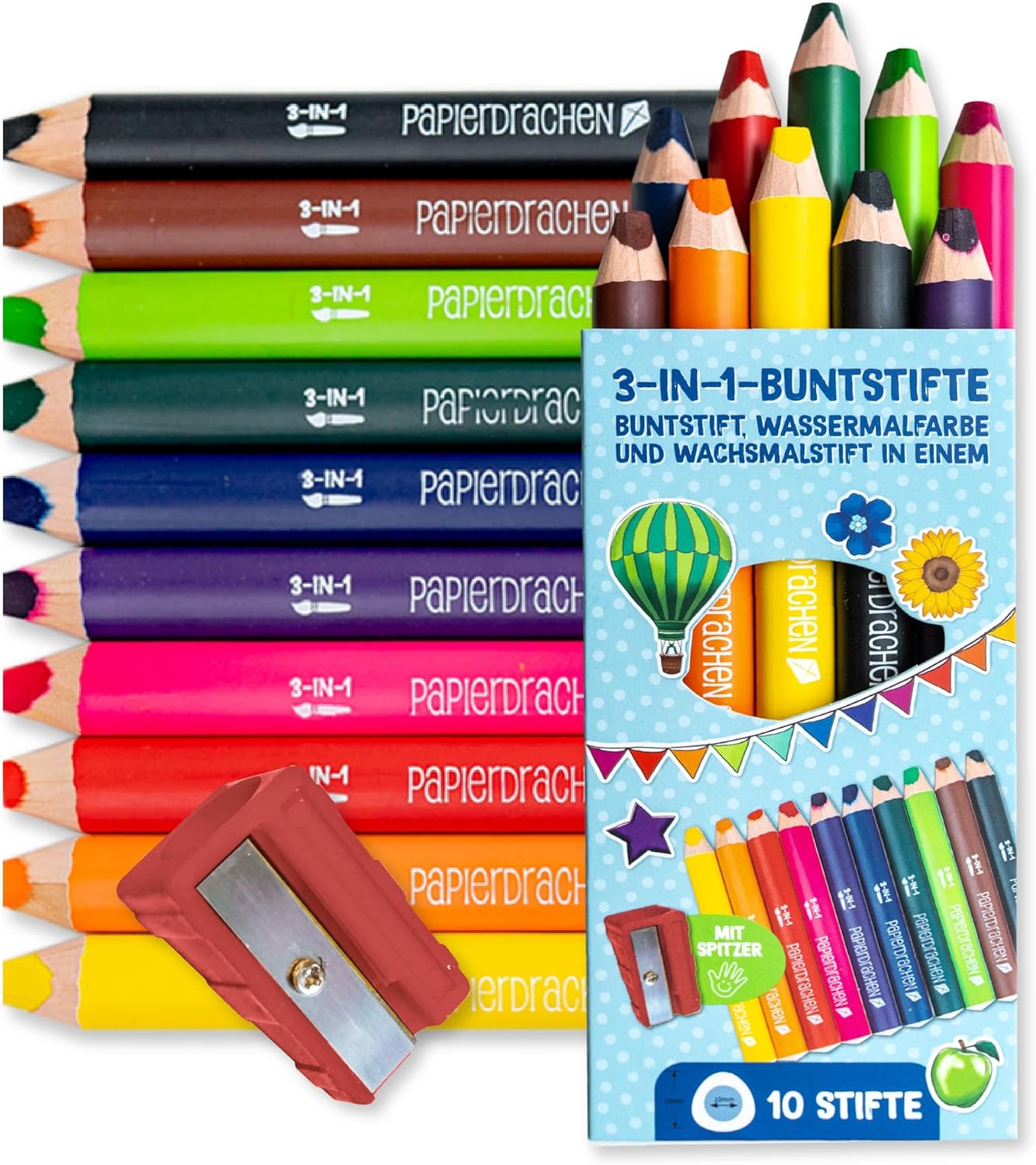 Detalle de Papierdrachen 3-in-1 Buntstifte mit Anspitzer – 10 Stifte, wasservermalbar, für Kita & Schule