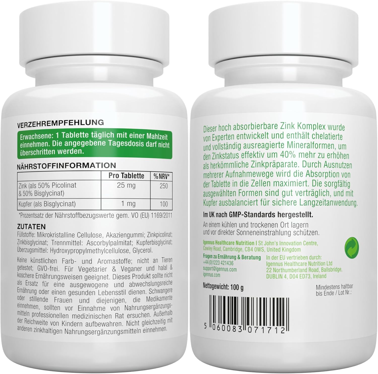 Detalle de Zink Chelat 25 mg von Igennus – Hochdosierte Zinktabletten mit Kupfer, Bisglycinat & Picolinat