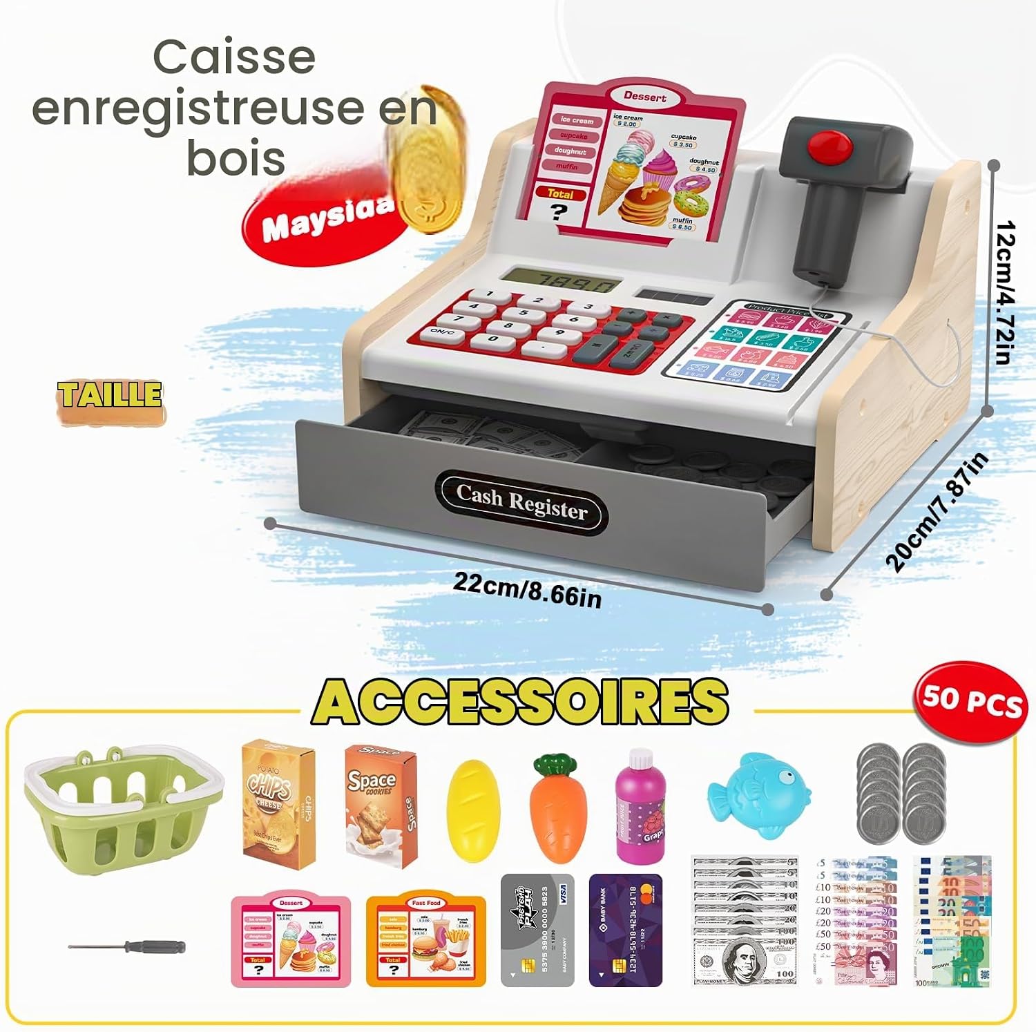 Thumbnail 5 de maysida 818-503M houten speelgoedkassa met scanner en winkelaccessoires