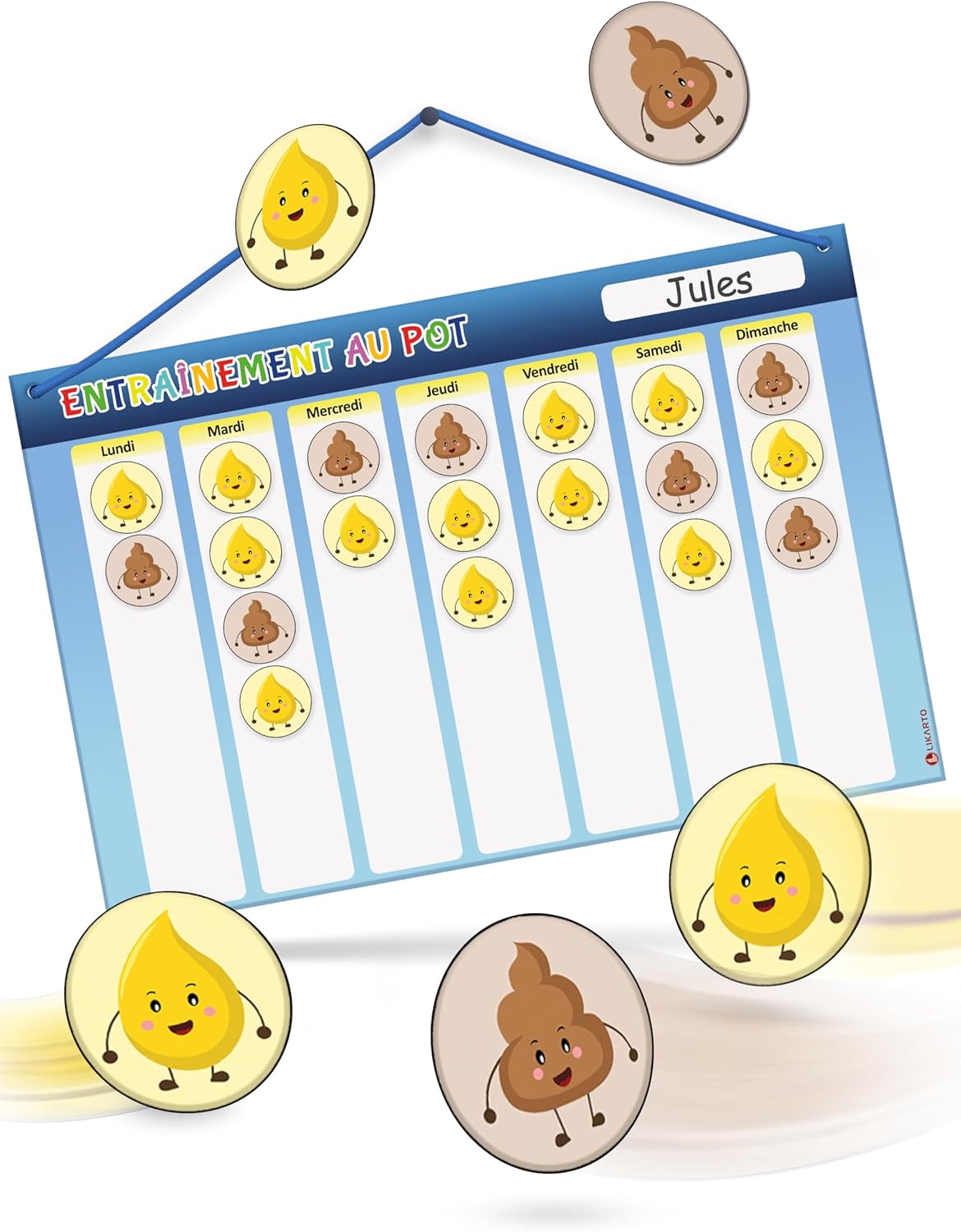 LIKARTO® Tableau Montessori d’apprentissage de la propreté – 60 aimants magnétiques avec cordon (30 x 20 cm)