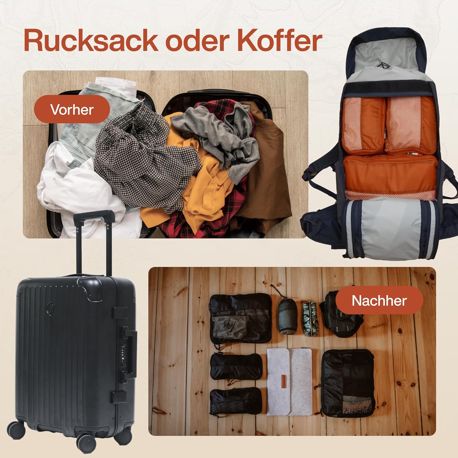 Detalle 2 de TRAVEL DUDE Packwürfel Set mit Kompression – 7-teiliges Set aus recycelten Plastikflaschen, Burnt Orange