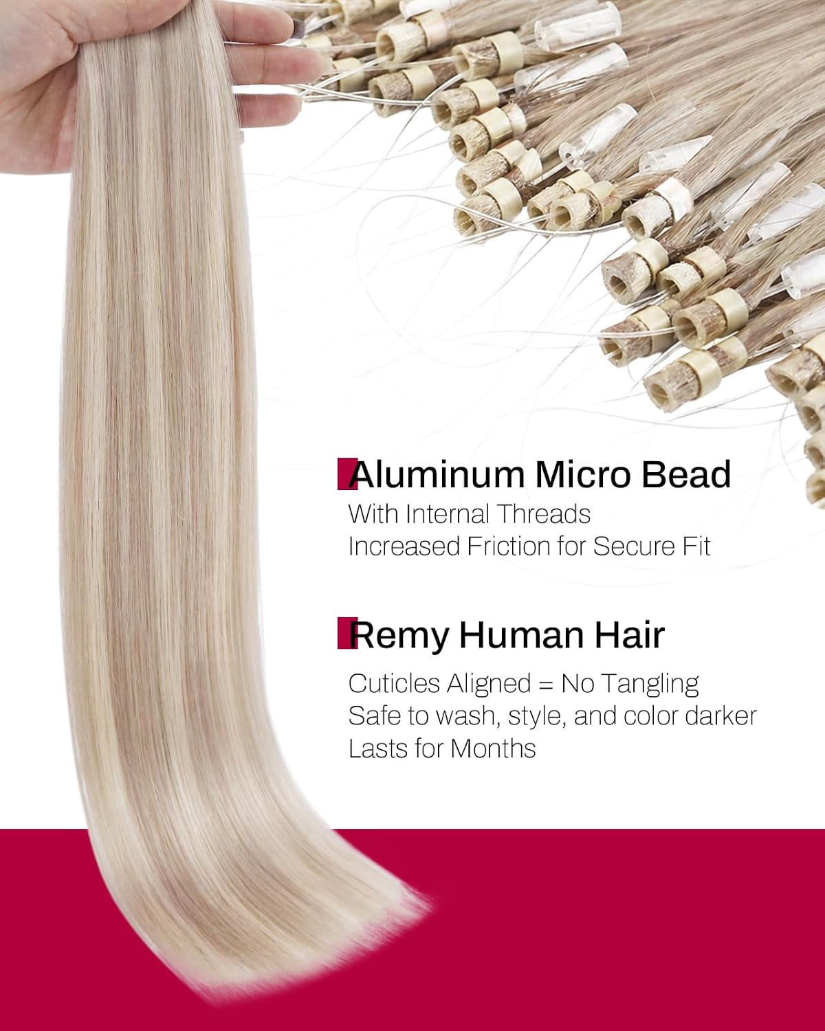 Detalle de Moresoo Microlink Hair Extensions Human Hair, Ash Blonde Highlight (24Inch) – 50g, 50 Strands