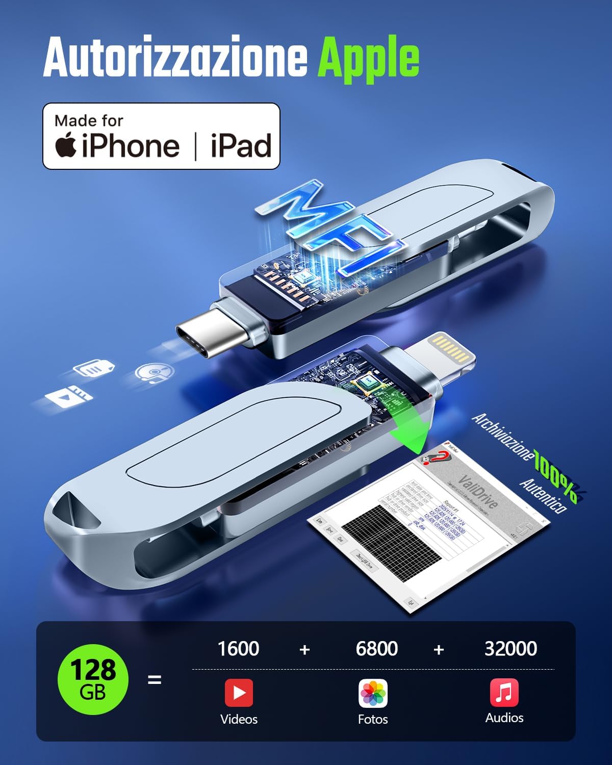 Thumbnail 1 de Gaulau Chiavetta USB per iPhone 128GB - 3 in 1 con Lightning, USB-C e USB-A, MFi, 180 MB/s