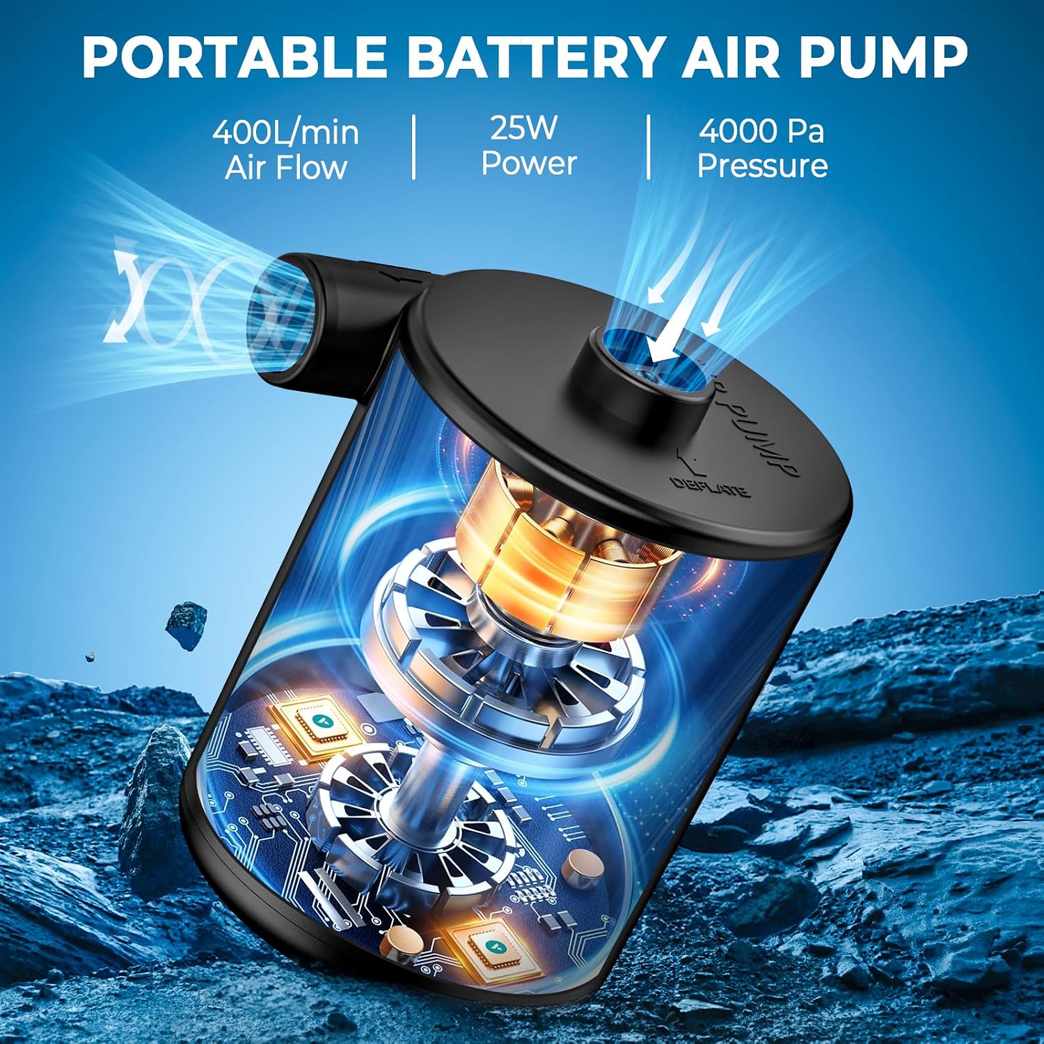 Detalle de Portable Rechargeable Electric Air Pump (4000mAh) with 50W Motor and 3 Nozzles