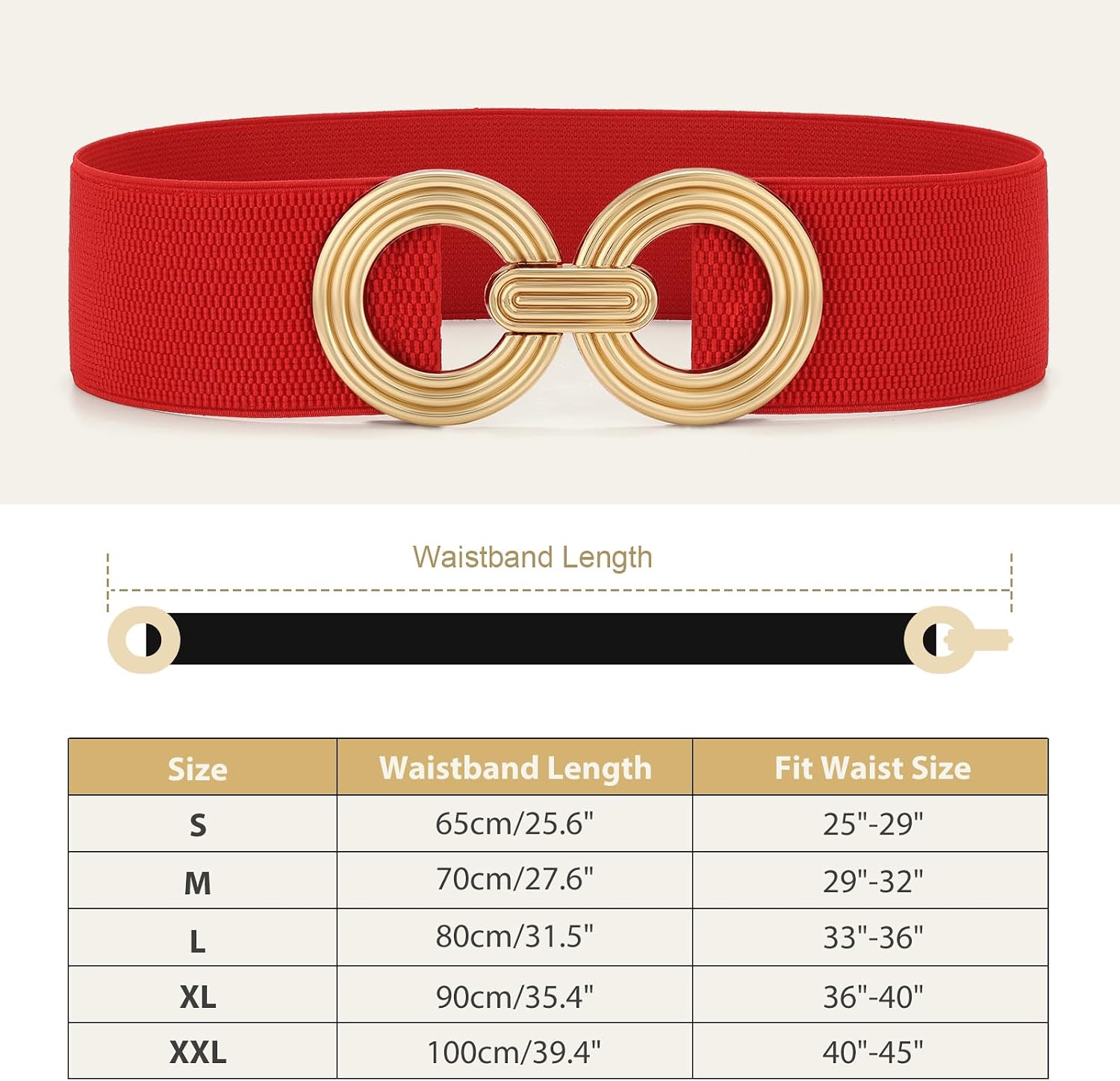 Detalle de JasGood women’s wide elastic belt with gold buckle for dresses and waists