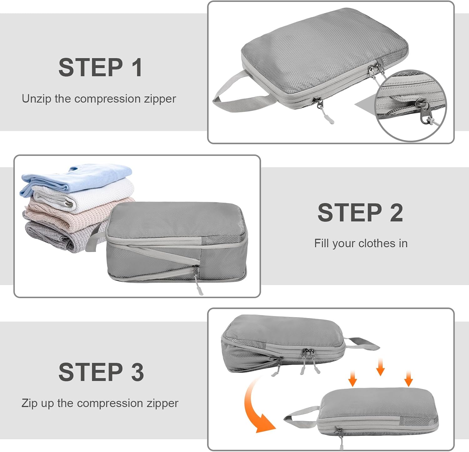 Detalle de Compression Packing Cubes Grey – Travel Storage Bag Set of 4 (Compression Organiser for Suitcase & Carry On)