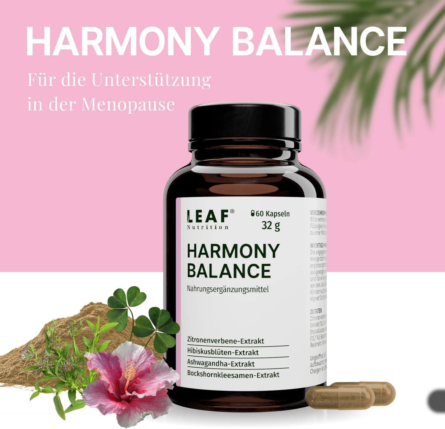 Detalle 2 de LEAF HARMONY BALANCE Balance-Kapseln für Frauen mit Vitamin B6, Ashwagandha, Pinienrinde & Ginkgo – 60 vegane Kapseln