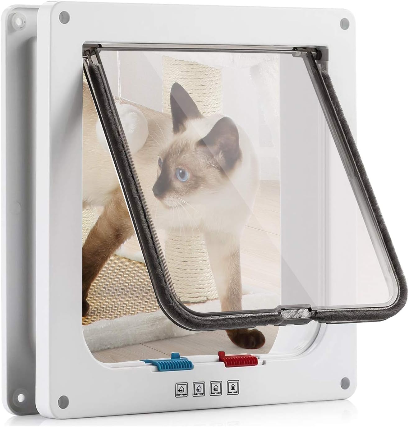 Chatière pour chat avec fermeture magnétique à 4 voies et couvercle transparent, tunnel blanc 18 x 19 x 5,5 cm