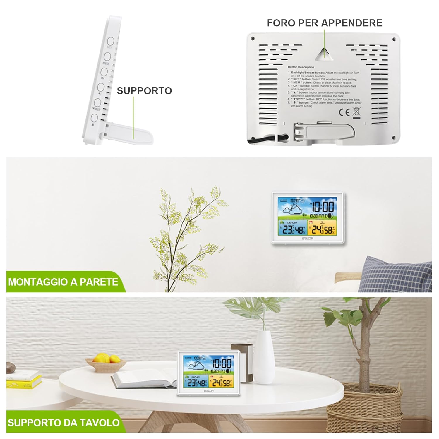 Detalle de LEVIPE Stazione Meteo con Sensore Esterno: Display a Colori, Barometro e Oradio - Perfetta per Casa, Ufficio e Giardino