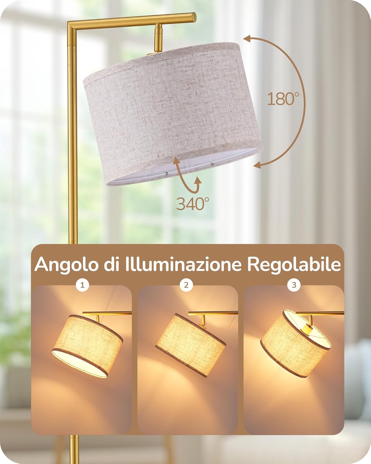 Thumbnail 1 de EDISHINE Lampada da Terra con Paralume in Lino, Arco Orientabile e Lampadina Inclusa - Oro