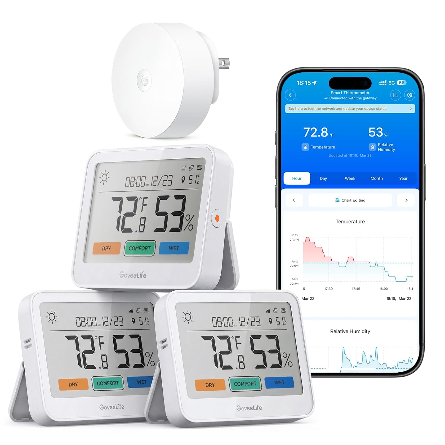 Detalle de GoveeLife H5220 WiFi Thermometer Hygrometer 3-Pack with Gateway, Large LCD