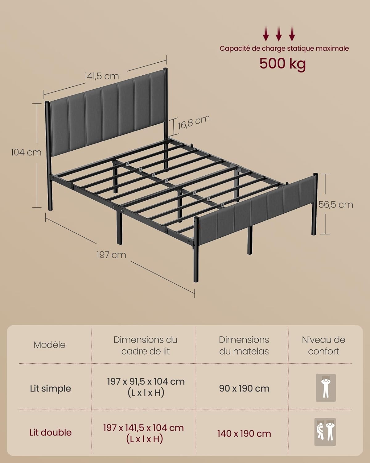 Thumbnail 1 de VASAGLE RMB973GN01 Cadre de lit 140x190 cm