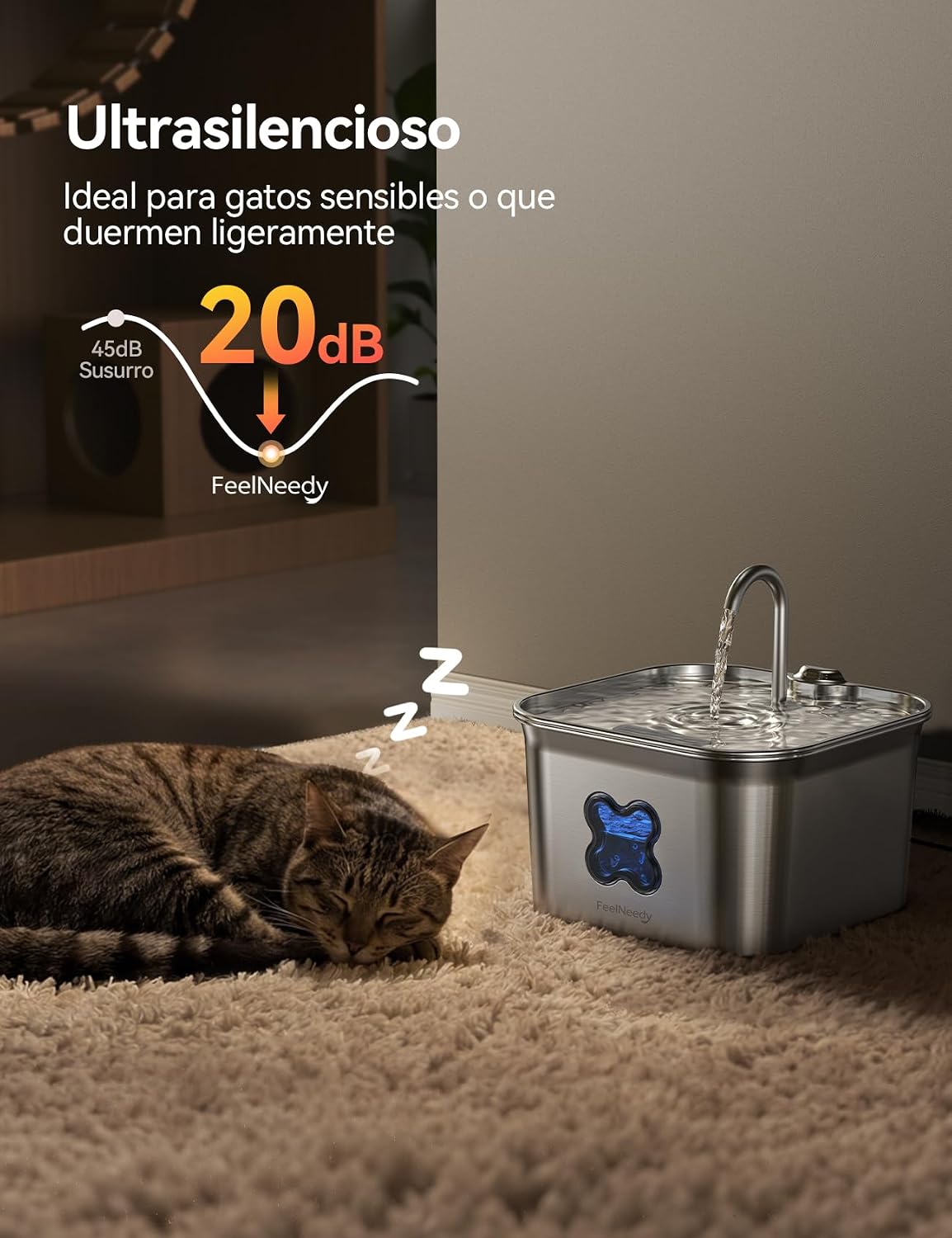 Detalle 1 de FEELNEEDY Fuente para Gatos de Acero Inoxidable SUS 304 2,8L con Filtración de 4 Capas
