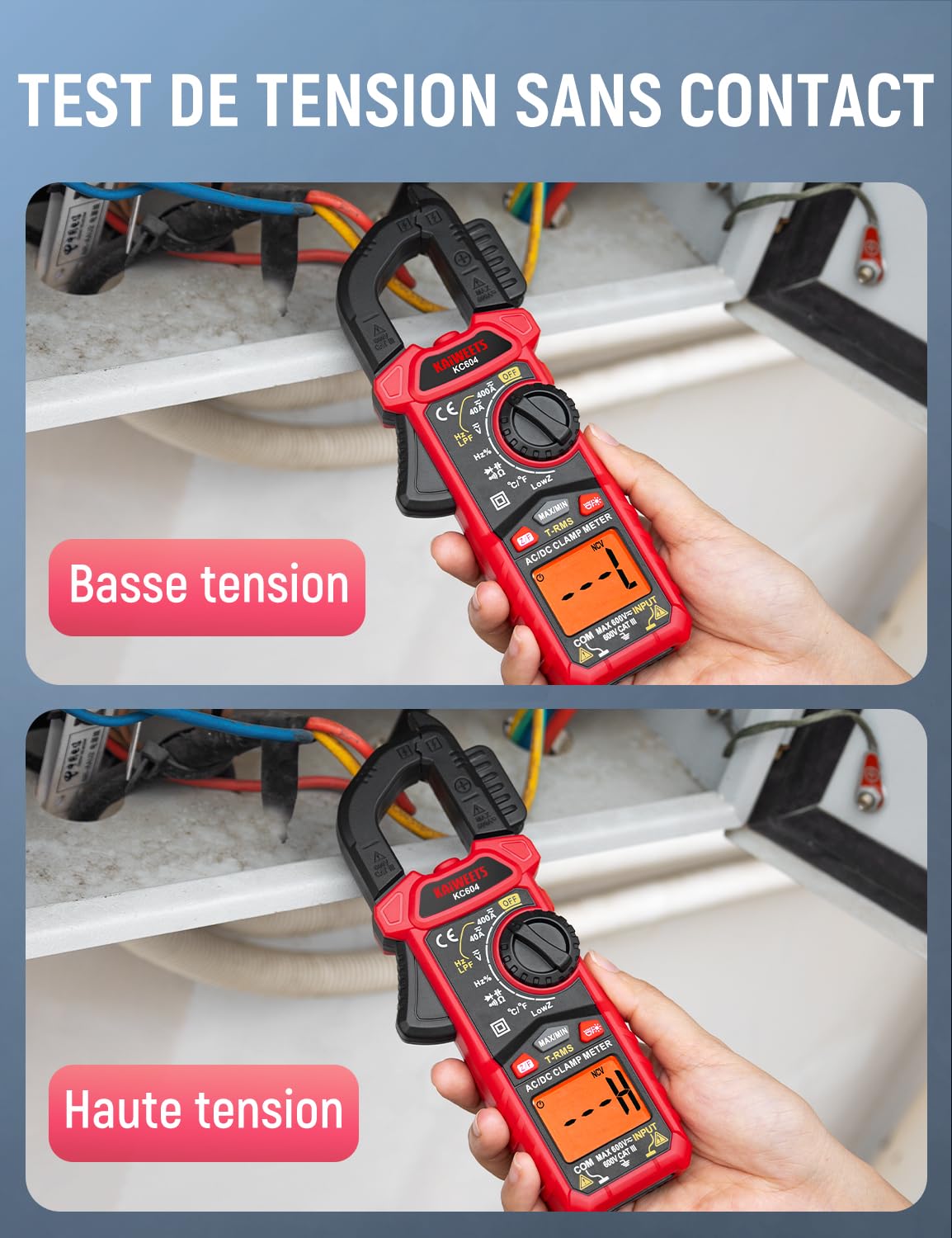 Detalle 2 de KAIWEETS KC604 : pince ampèremètre AC/DC T‑RMS avec mesure courant, tension, continuité et test diodes